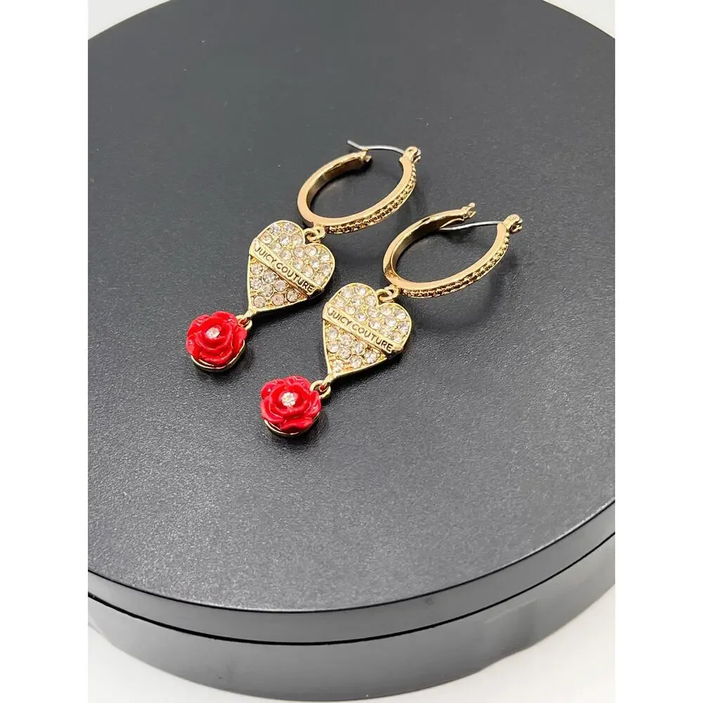 Juicy Couture Gold Hoop‎ Earrings Crystal Pave Heart Red Rose Charm